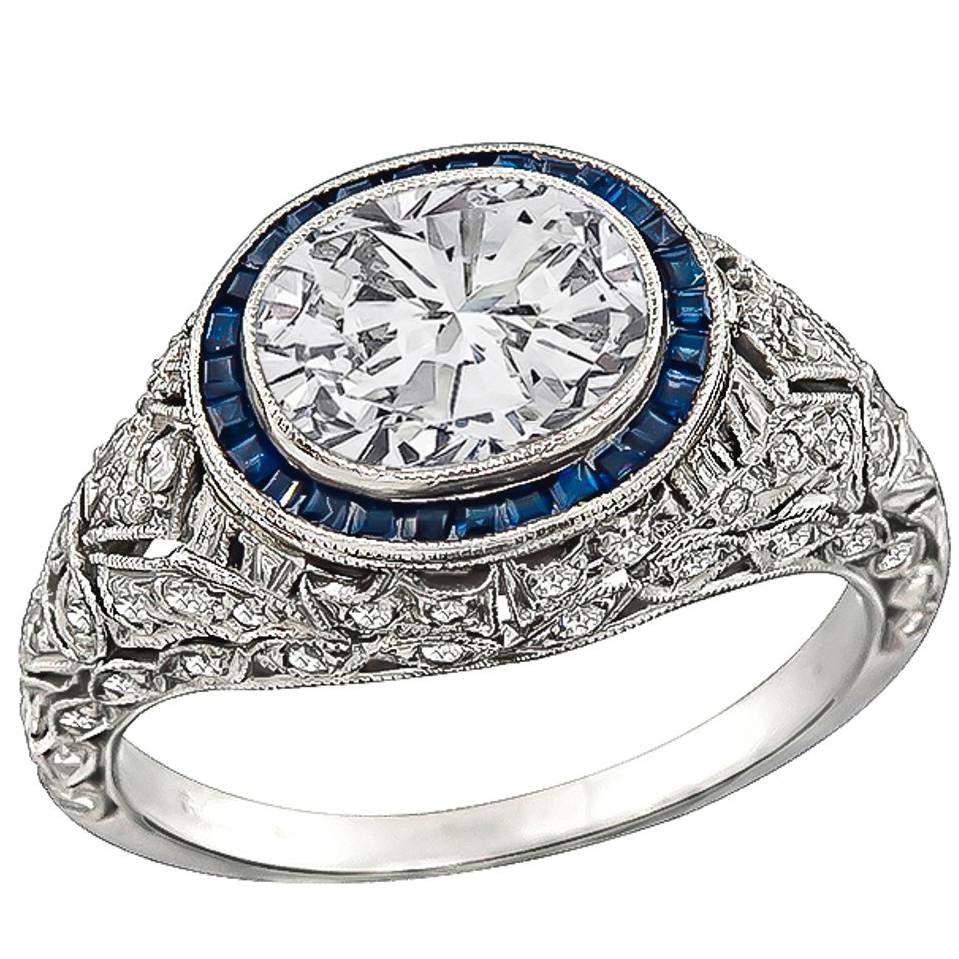 Amazing 1.50 Carat Diamond Sapphire platinum Halo Engagement Ring