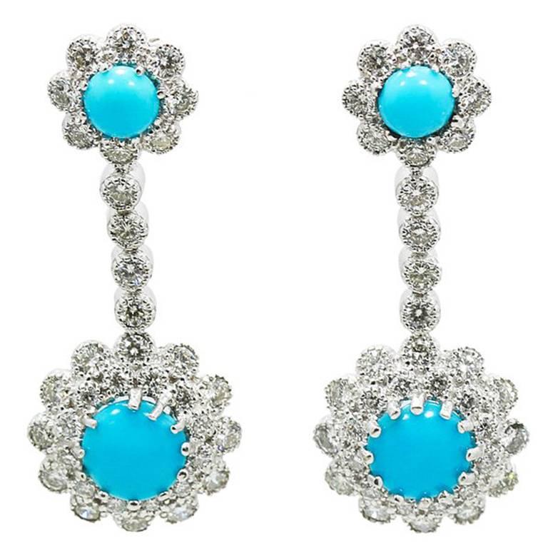 Turquoise Diamond White Gold Dangle Earrings For Sale