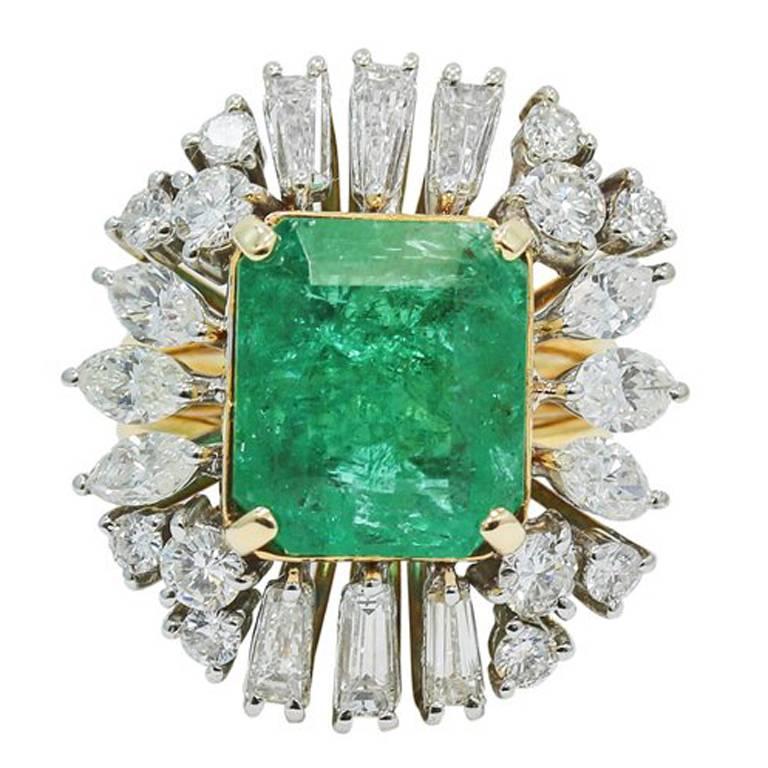 Emerald Diamond White and Yellow Gold Ring For Sale