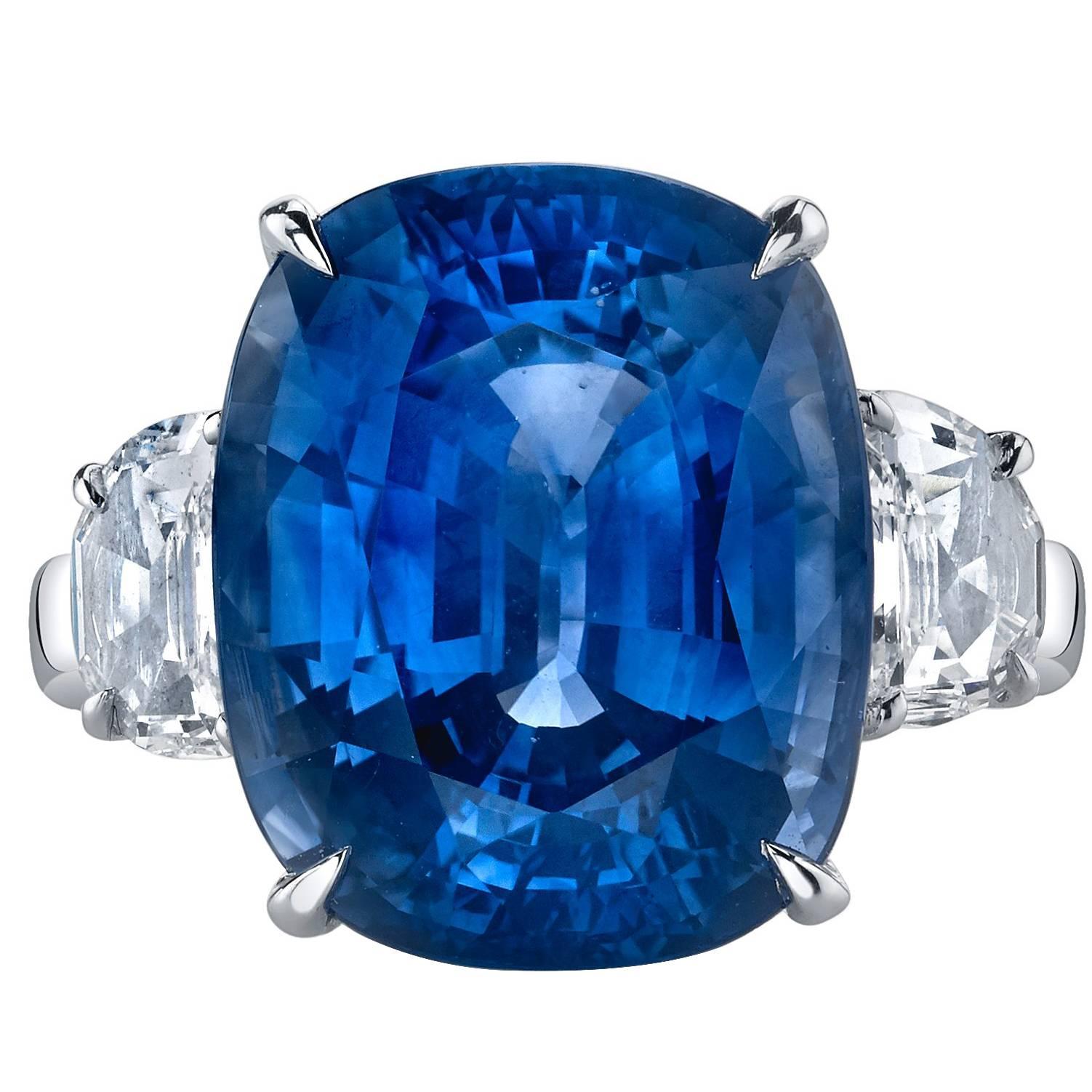 15.39 Carat Blue Sapphire Three-Stone Diamond Platinum Ring, GIA