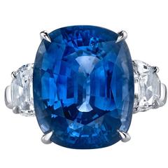 15.39 Carat Blue Sapphire Three-Stone Diamond Platinum Ring, GIA