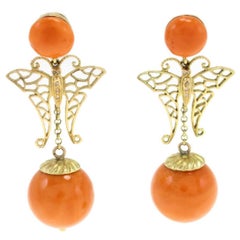 Orange Coral Spheres, Diamonds, Butterfly Shape in Yellow Gold, Drop Earrings