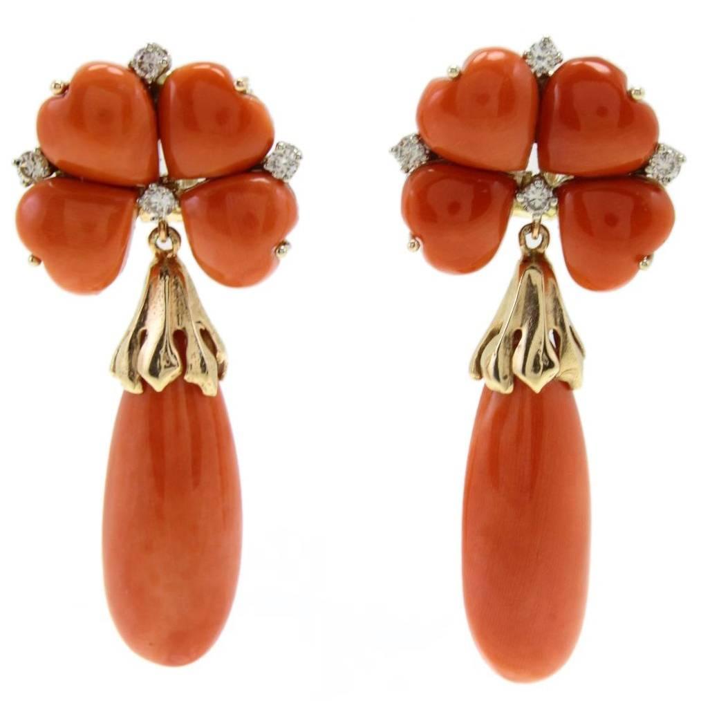Luise Diamond Coral Flower and Coral Drop Earrings