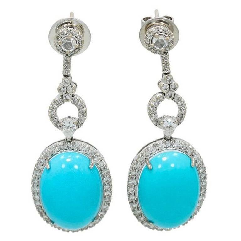 Turquoise Diamond White Gold Earrings For Sale