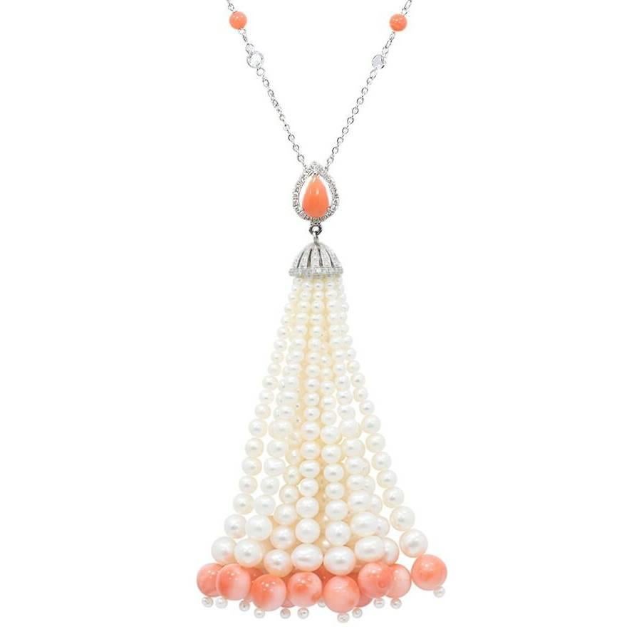 Coral White Sapphires Freshwater Pearls Diamonds White Gold Tassel Necklace For Sale