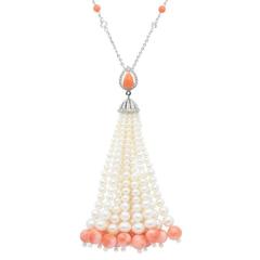Coral White Sapphires Freshwater Pearls Diamonds White Gold Tassel Necklace