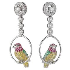 Vivid Yellow White Black Diamond Ruby Emerald Gold Birds Drop Earrings