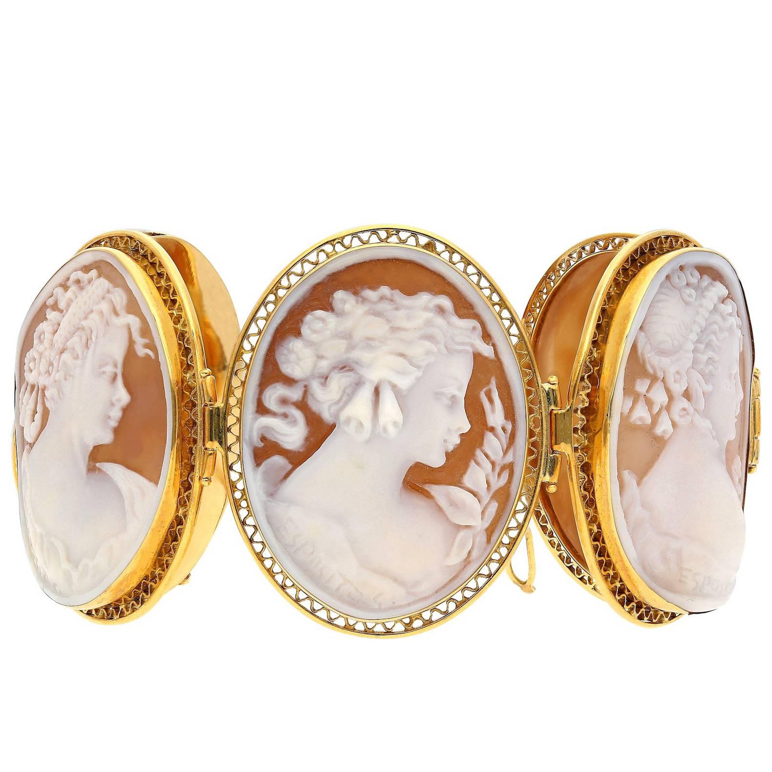 20th Century Carved Cameo Shell Yellow Gold Bracelet