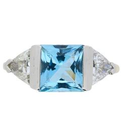 Vintage Mid-Century Tension Set Aquamarine Diamond Ring, circa 1950s