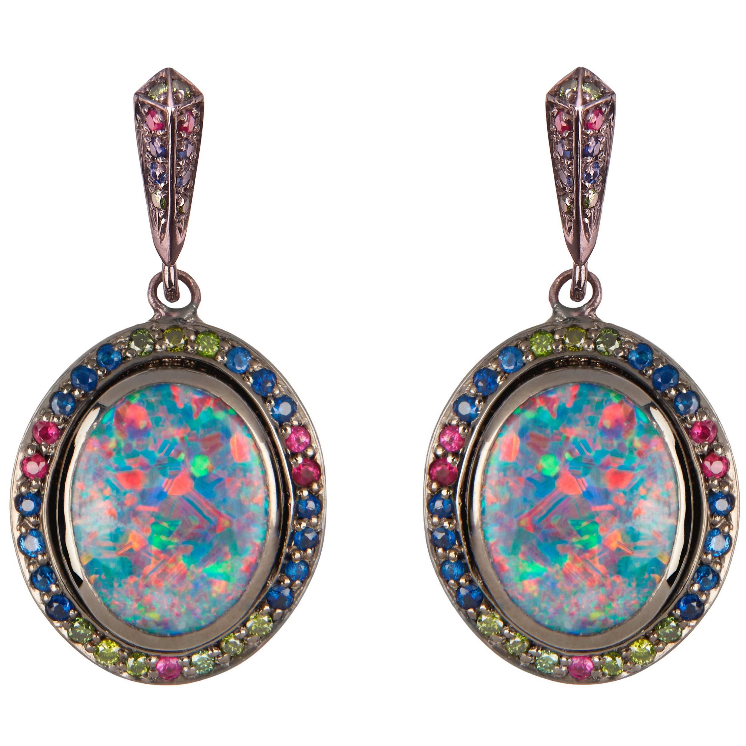Zara Simon Opal Sapphire Green Diamond Ruby Gold Fruit Earrings For Sale