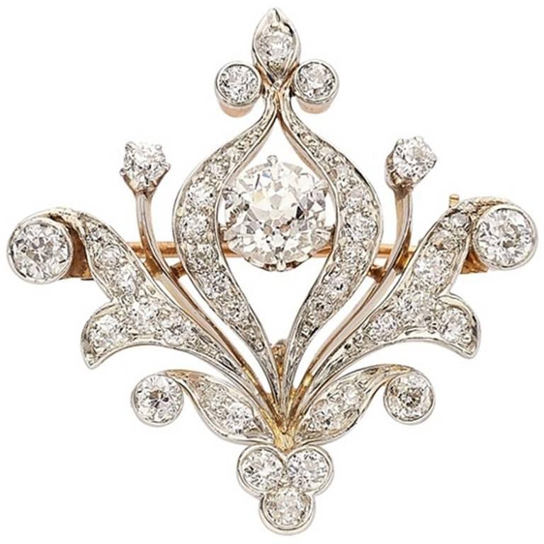 Edwardian Diamond Gold Brooch For Sale