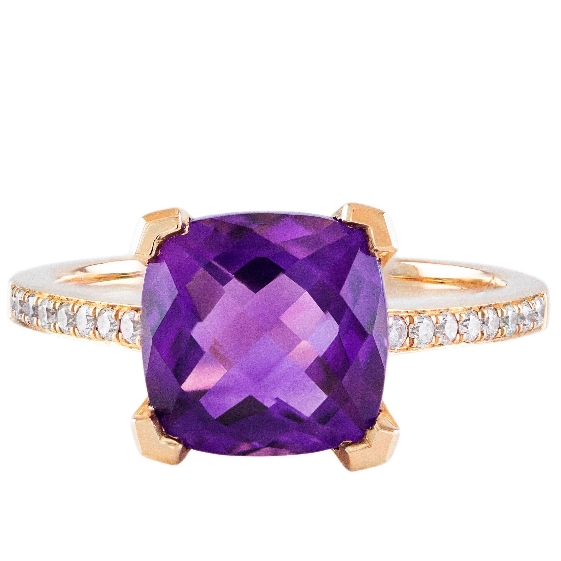Natural Amethyst Diamond Rose Gold Cocktail Ring