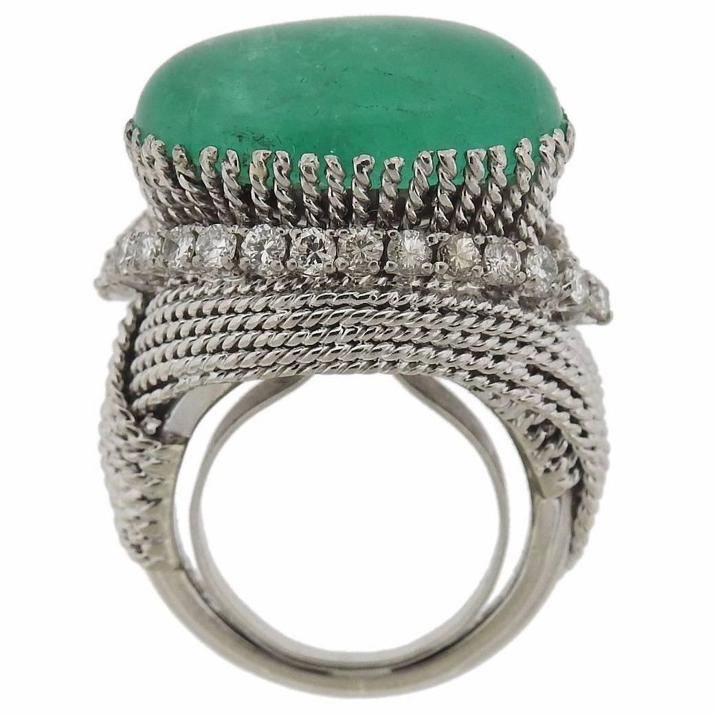David Webb  Diamond Emerald Cabochon Cocktail Ring