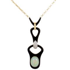 Opal Onyx Diamond Yellow Gold Pendant Necklace