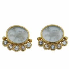 Elizabeth Locke Venetian Glass Intaglio Aquamarine Gold Earrings
