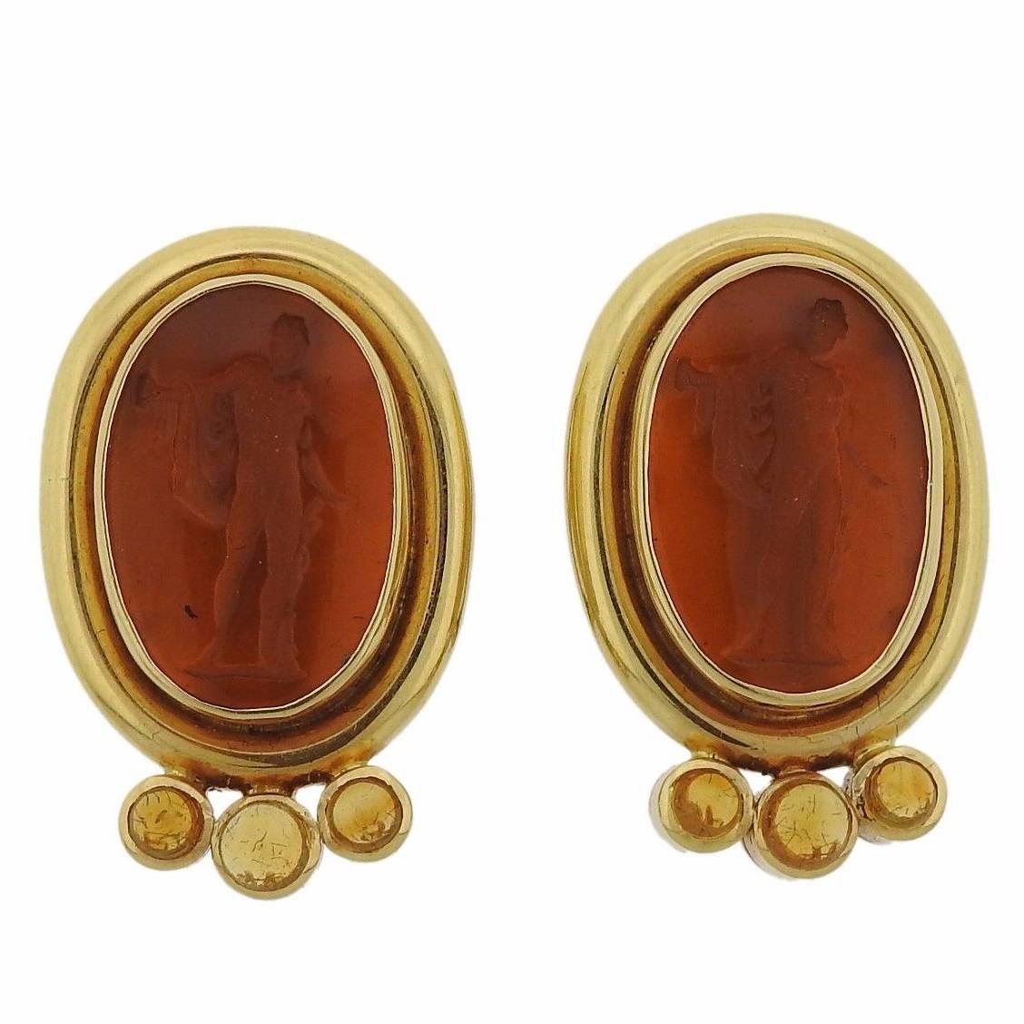 Elizabeth Locke Intaglio Venetian Glass Citrine Gold Earrings For Sale