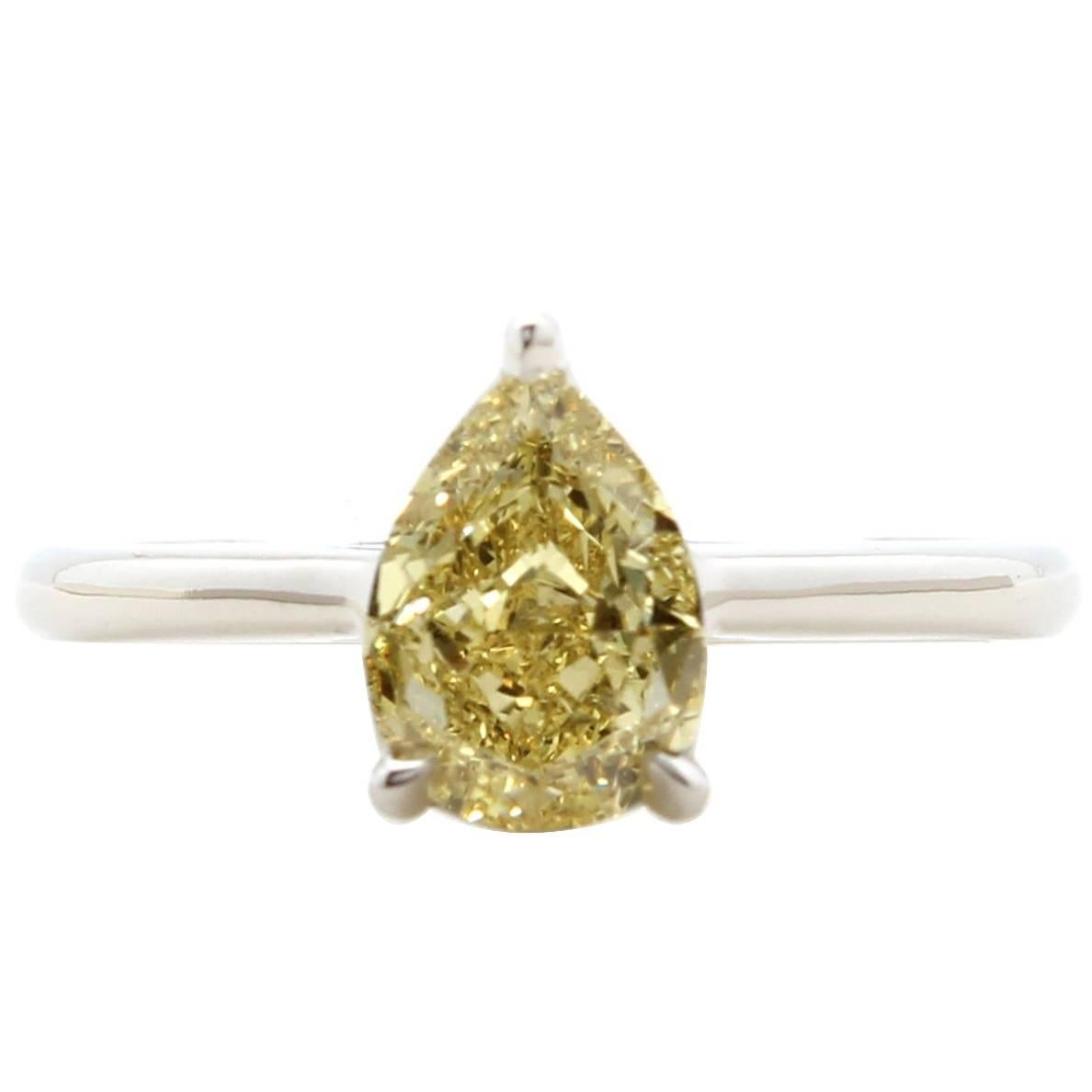 GIA Certified Internally Flawless Fancy Intense Pear 1.39 Carat Diamond Ring For Sale