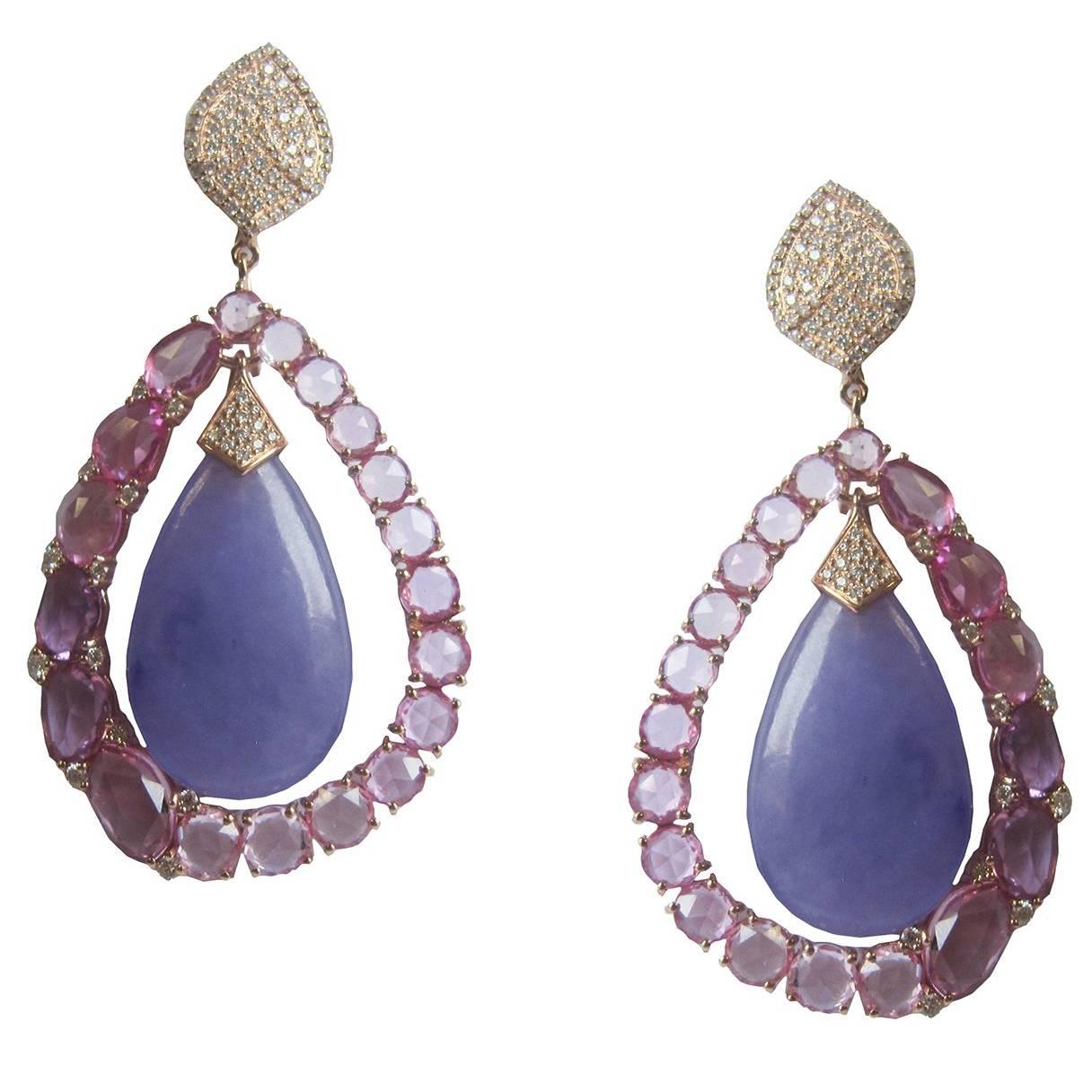 Round Irregular Sapphire Diamond Rainbow Earrings For Sale