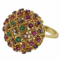 1960s Diamond Ruby Sapphire Emerald Gold Bombe Ring 9