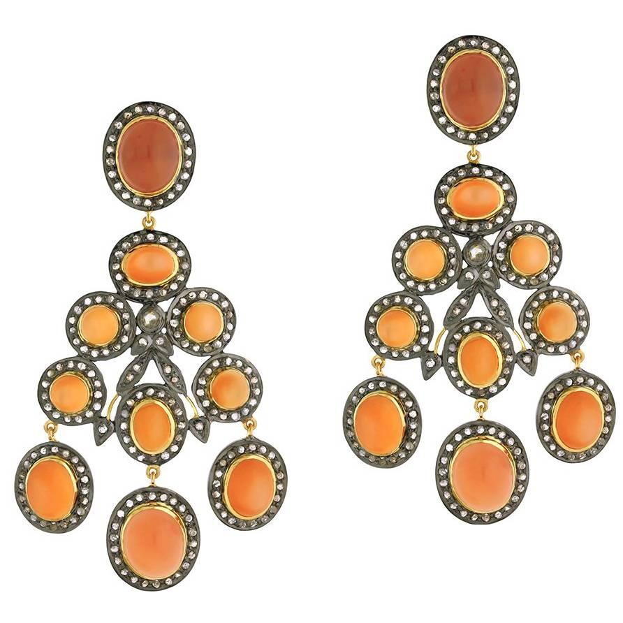 Peach Moonstone Chandelier Earrings With Diamonds In 14k Yellow Gold & Silver For Sale