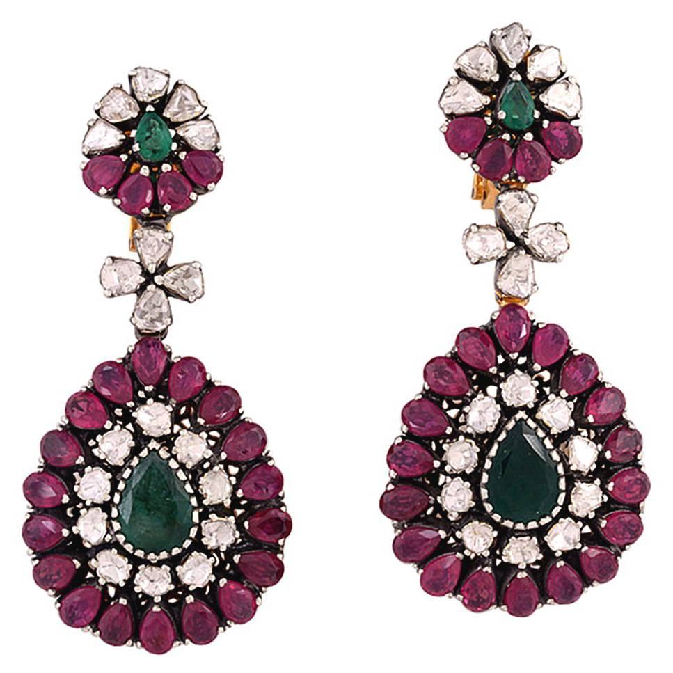 Ruby Emerald Diamond Gold Earrings