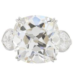 GIA Certified 11.69 Carat Antique Cushion Cut Three-Stone Diamond Platinum Ring 3
