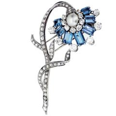 Art Deco Aquamarine Pearl Gold Flower Brooch