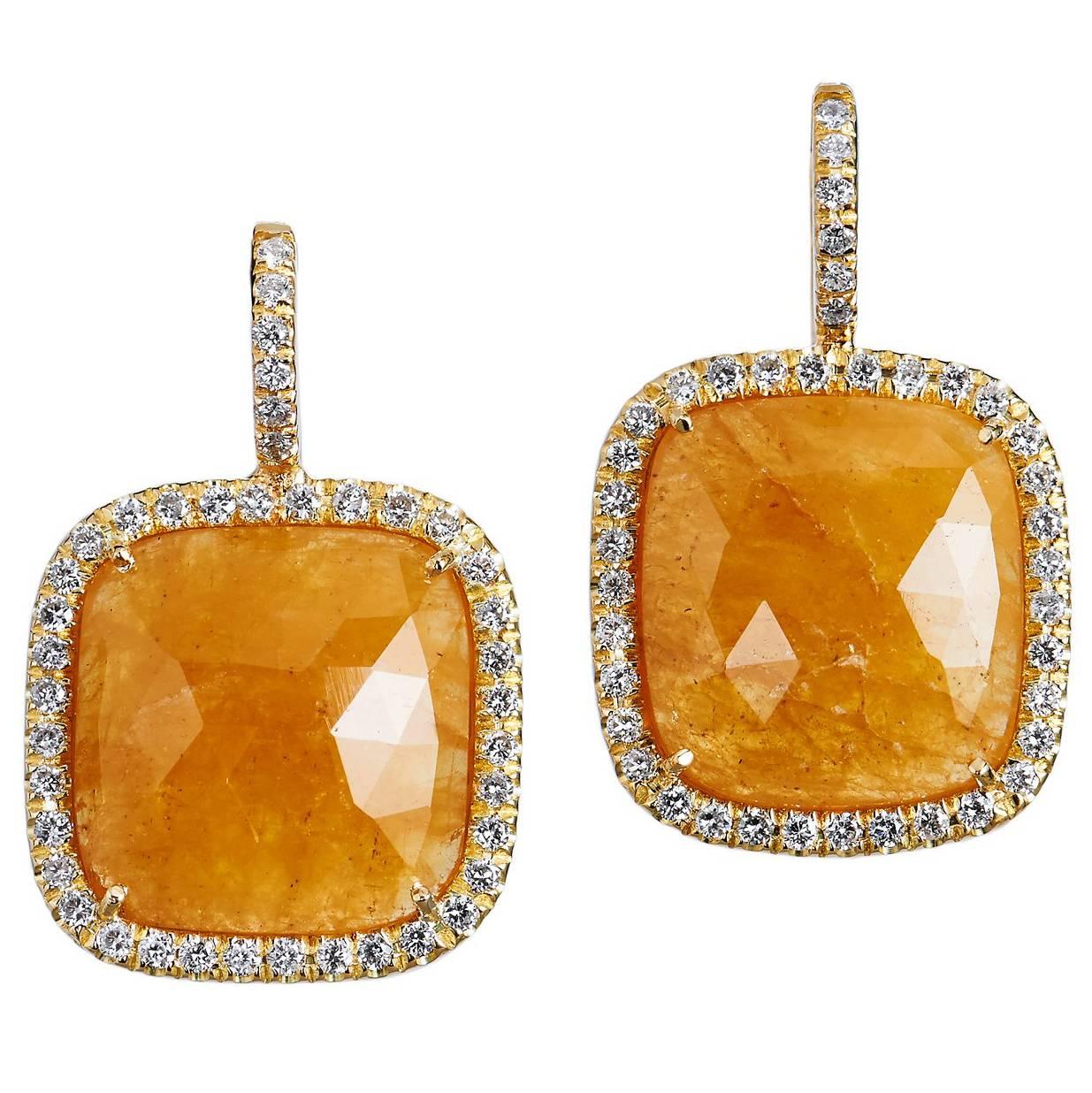 13.58 Carat Cushion Cut Yellow Sapphire Slice Diamond Gold Earrings