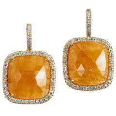 13.58 Carat Cushion Cut Yellow Sapphire Slice Diamond Gold Earrings