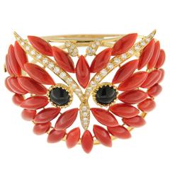 Gold 18 Karat White Diamonds and Red Mediterranean Coral Owl Bangle Bracelet