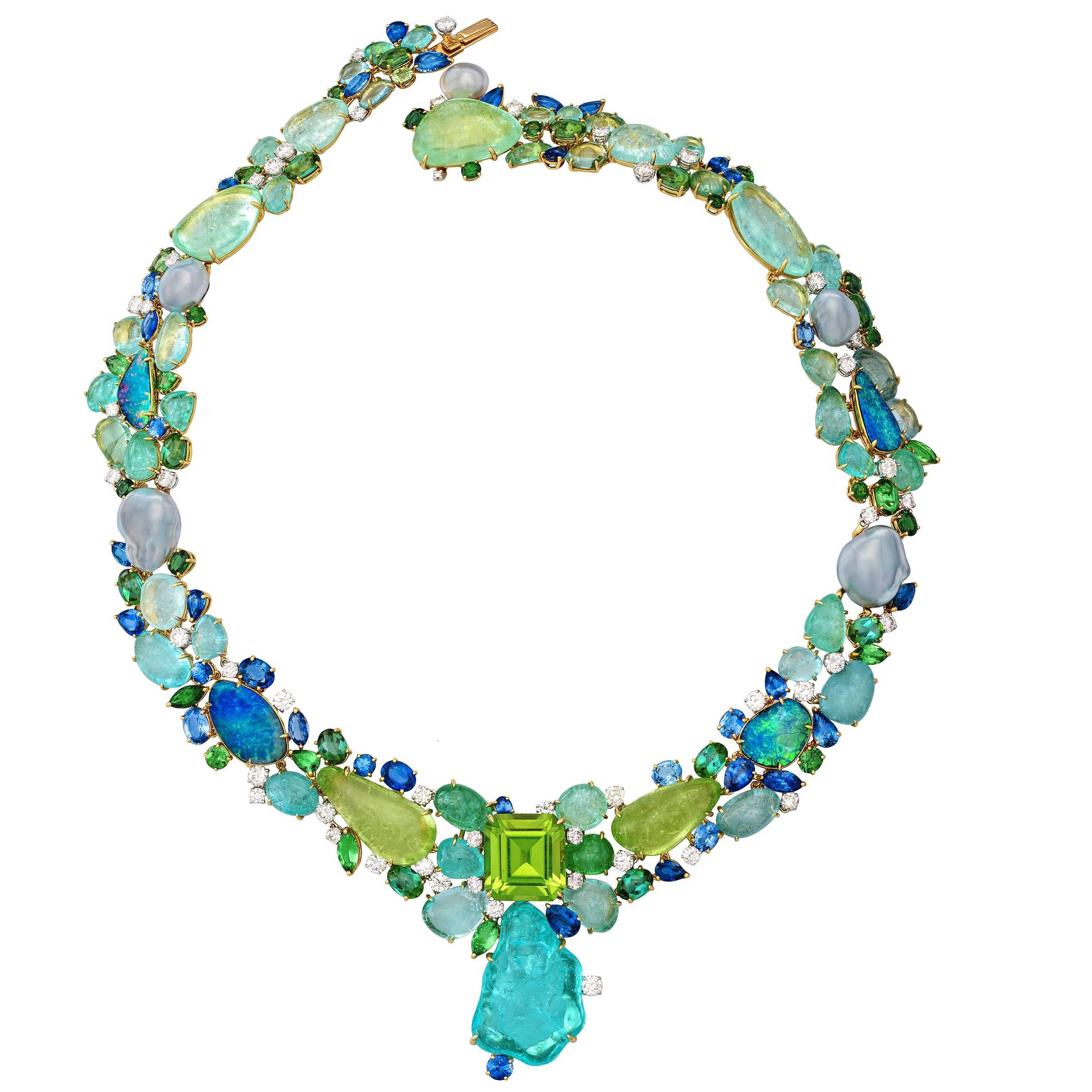 Margot McKinney Burmese Peridot Paraiba Tourmaline Opal Diamond Collier Necklace For Sale