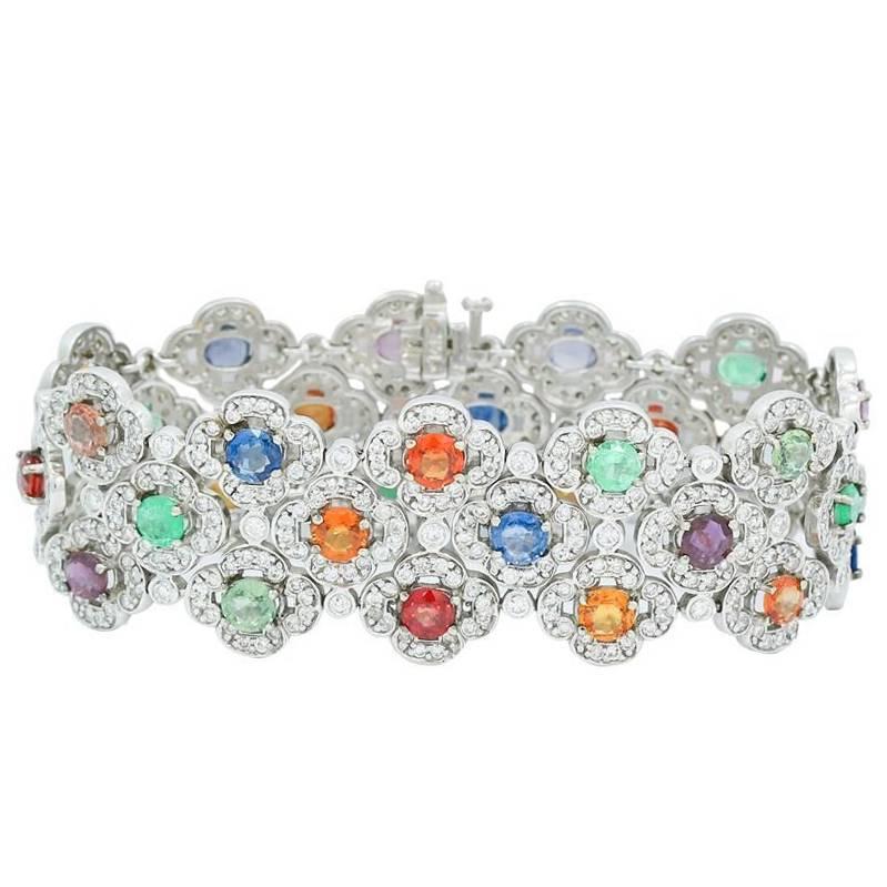 White Gold Flat Wide Bracelet with Diamonds and Color Stones For Sale