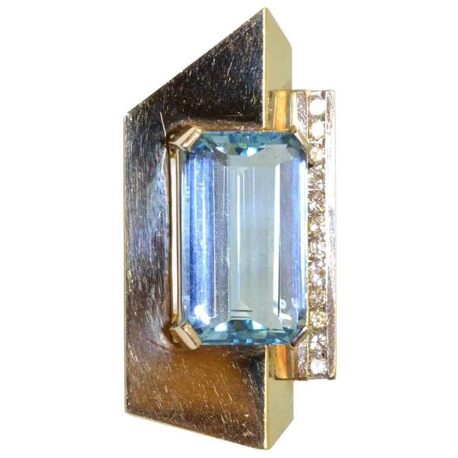 Emerald Cut Aquamarine Diamond Gold Abstract Pendant Brooch
