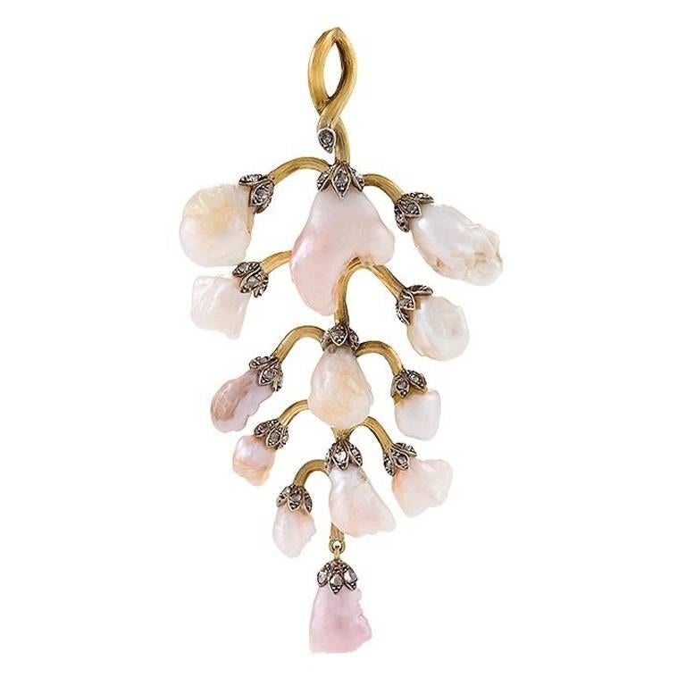 Art Nouveau Freshwater Pearl Wisteria Pendant Necklace  For Sale