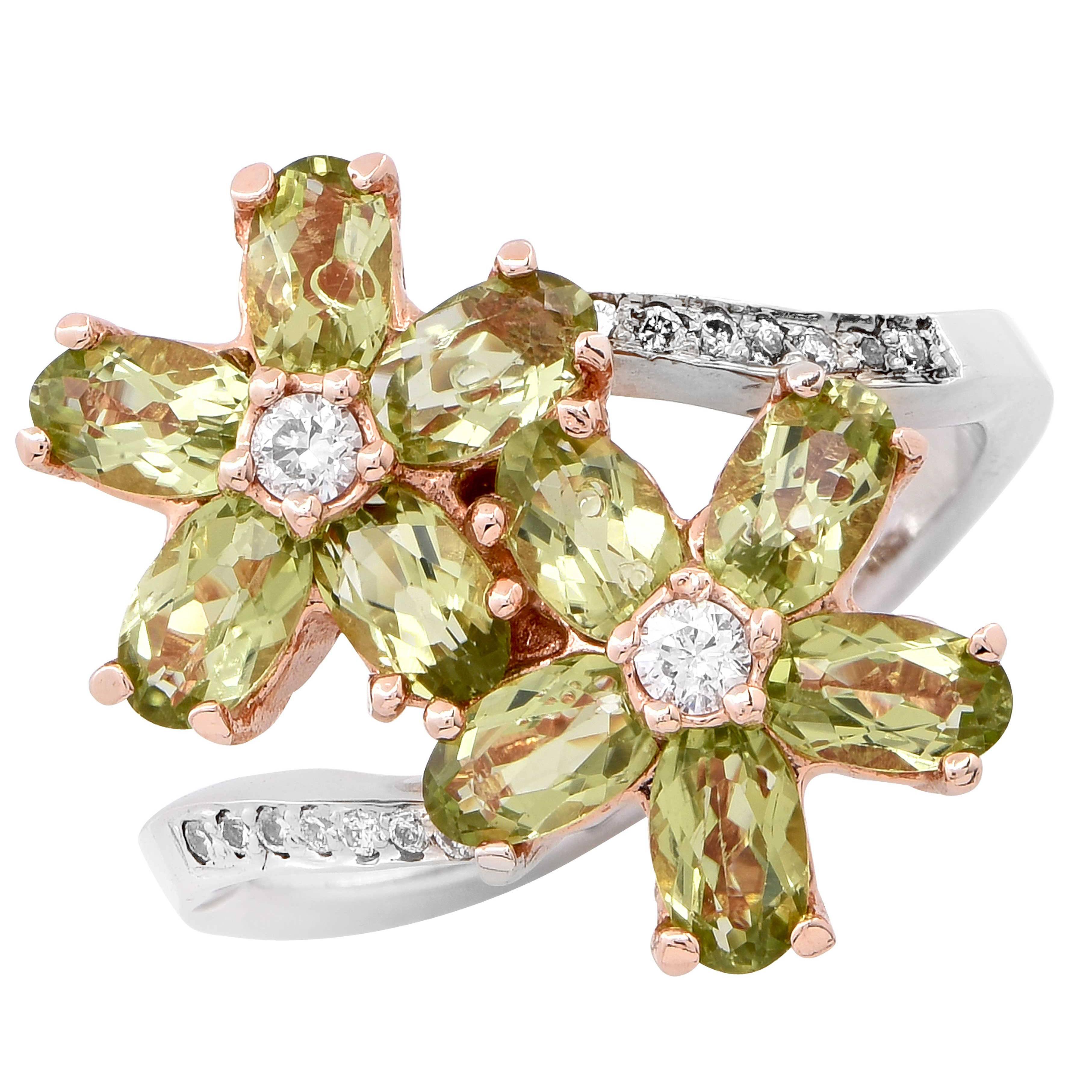 Peridot and Diamond Flower Ring For Sale