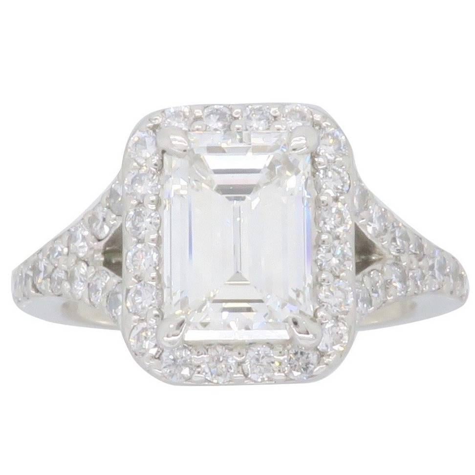 GIA Certified 1.77 Carat Emerald Cut Halo Diamond Engagement Ring