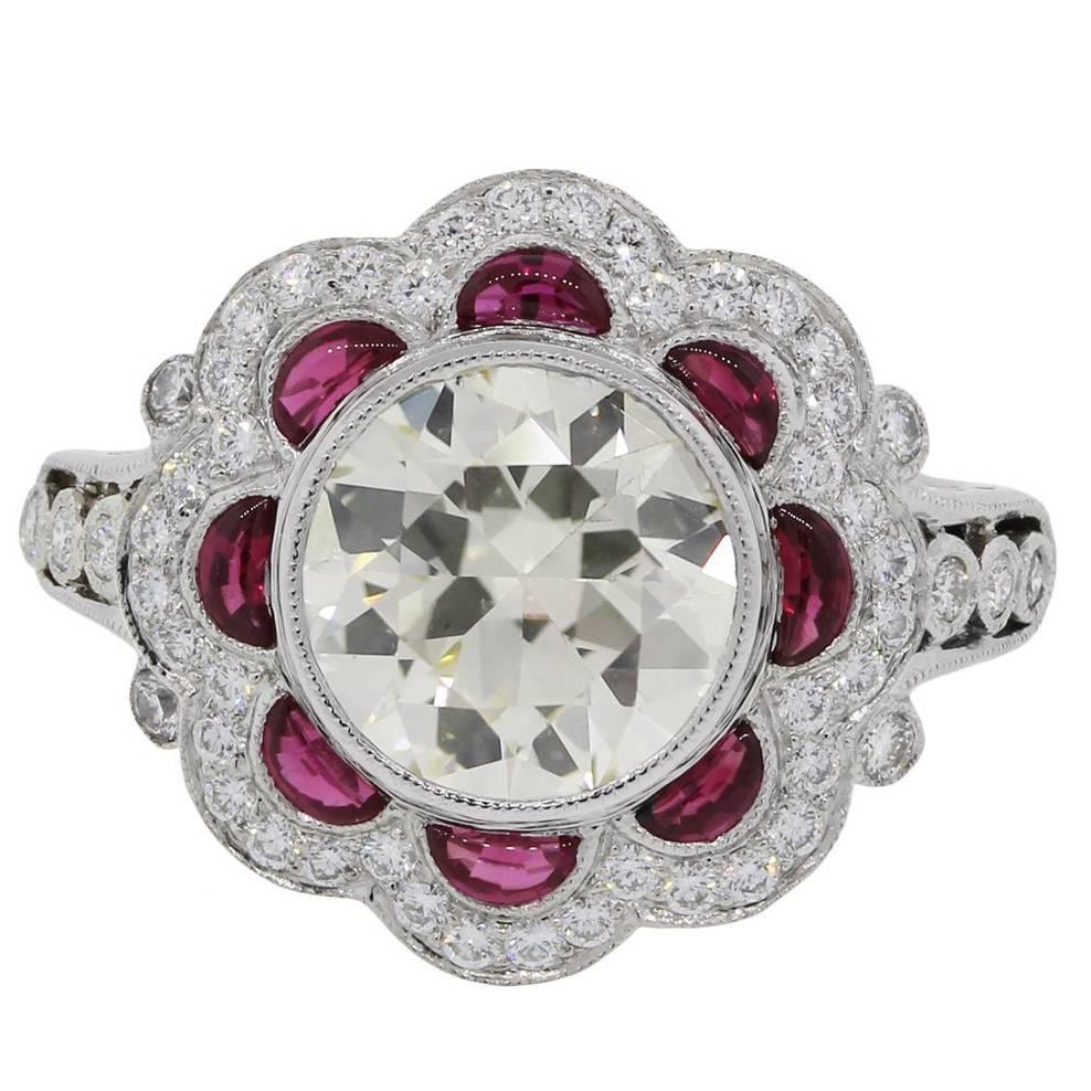 3.50 Carats Round Brilliant Diamonds 1 Carat Rubies Platinum Engagement Ring