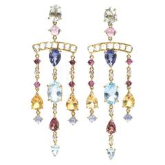 Dubini Theodora Aquamarine Moonstone Rubellite Diamond Gold Chandelier Earrings 4
