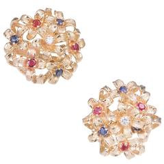 Sapphire Ruby Diamond Gold En Tremblant Clip Post Earrings 12