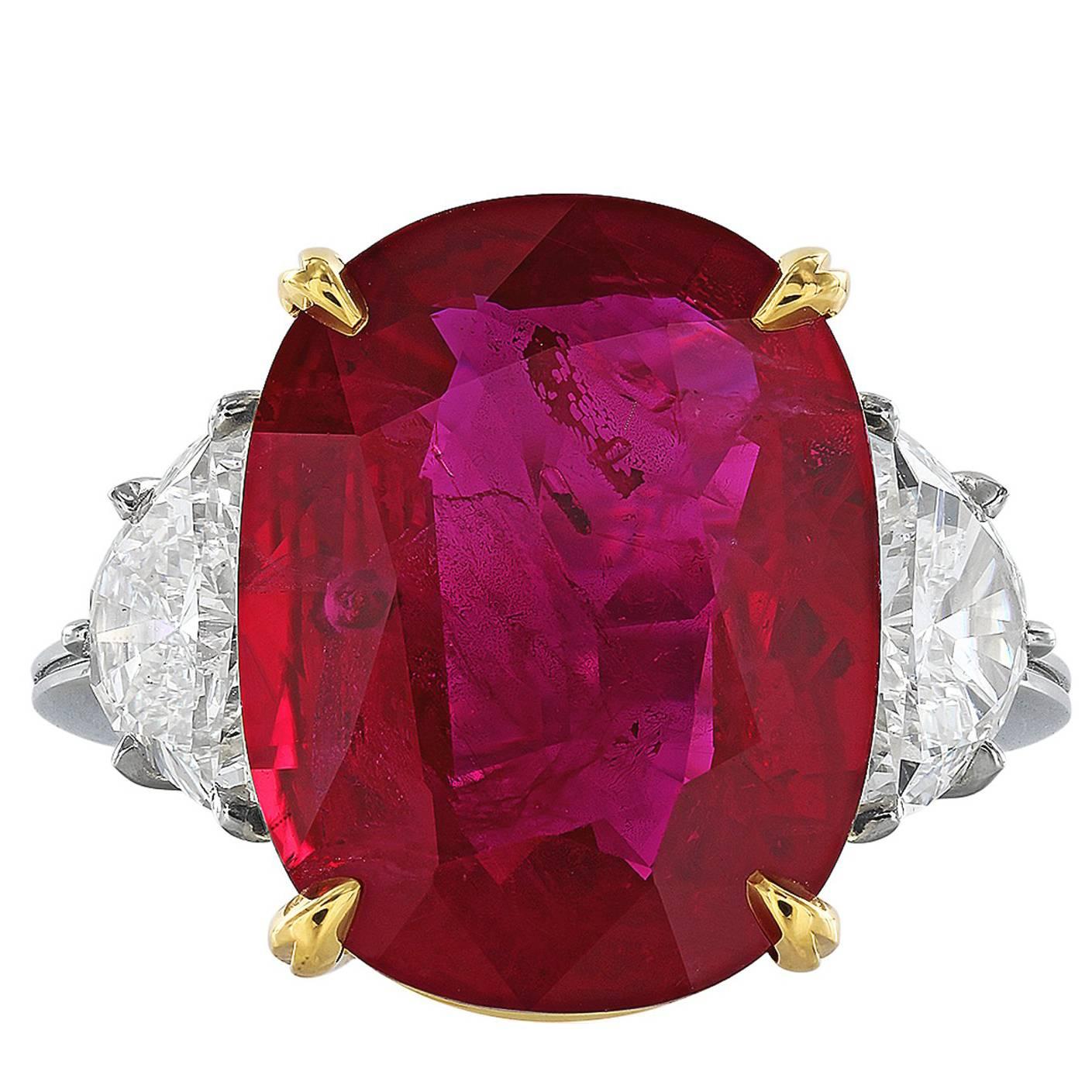 AGL Certified 10.24 Carat Thai Ruby Diamond Three Stone Ring For Sale