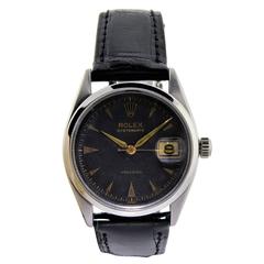 Rolex Stainless Steel Early Oyster Date Original Black Waffle Dial Watch