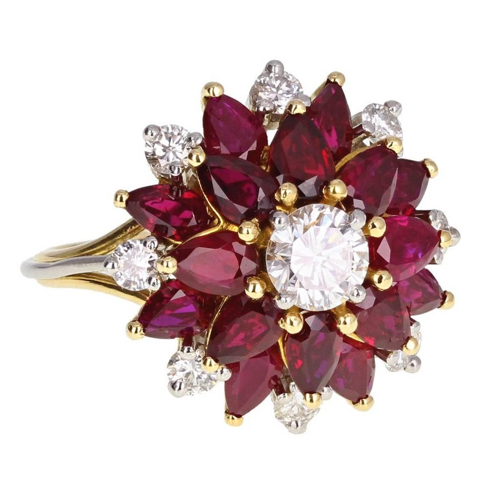Pear Shaped Ruby Diamond Flower Cluster Ring