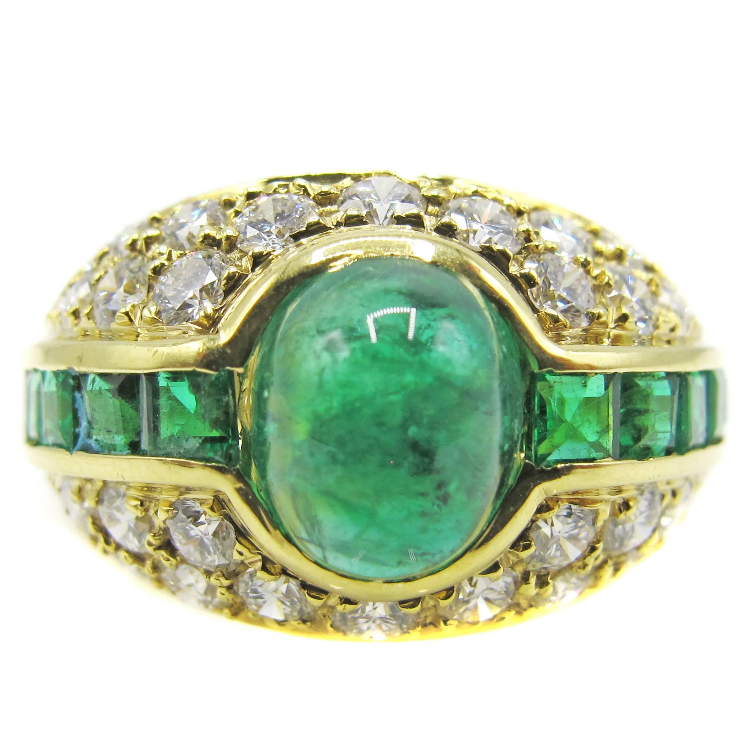 Colombian Cabochon Emerald Diamond Gold Ring