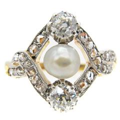 Belle Epoque French Diamond Pearl Gold Platinum Ring 1
