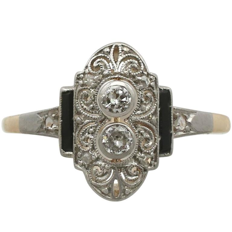 1930s Art Deco Diamond and Black Onyx Yellow Gold Cocktail Ring at 1stDibs