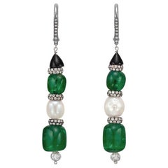 Emerald Natural Pearl Diamond Drop Earrings