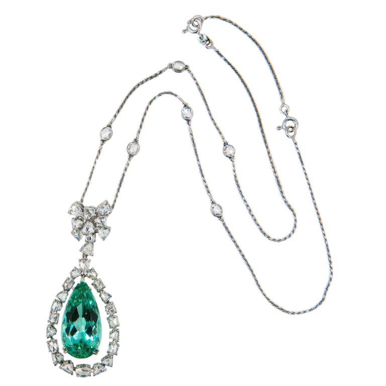 Laura Munder Mint Green Tourmaline Rose Cut Diamonds White Gold Necklace For Sale
