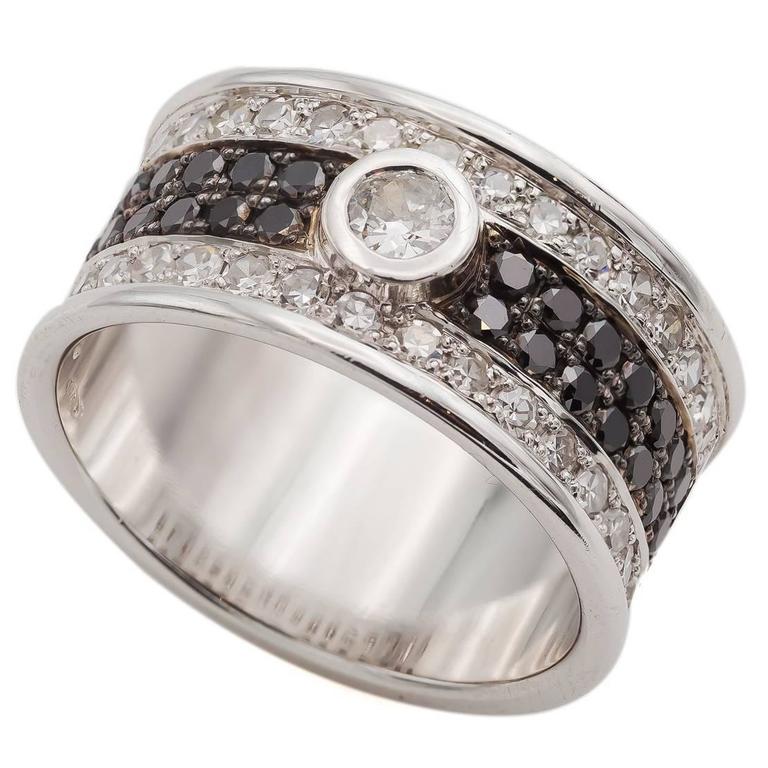Black and White Diamond Tall White Gold Band Ring For Sale at 1stDibs