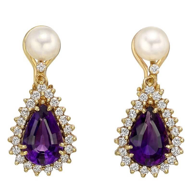 Amethyst Diamond Pearl Drop Earrings