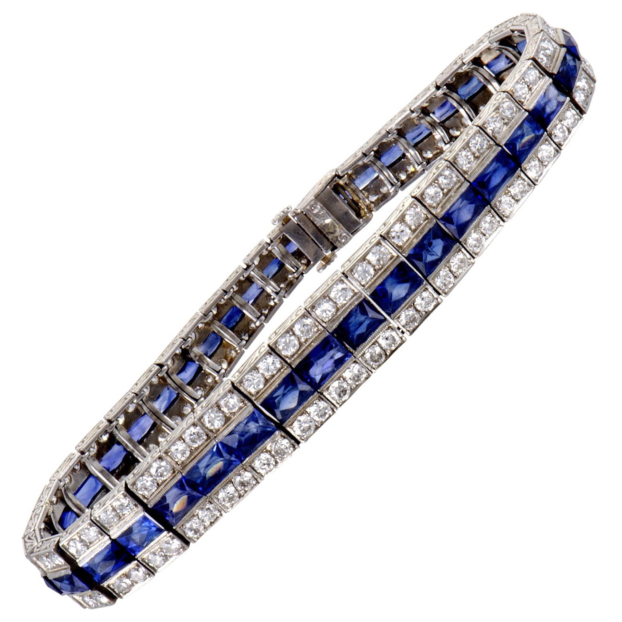 Sapphire Diamond Platinum Ribbon Bracelet